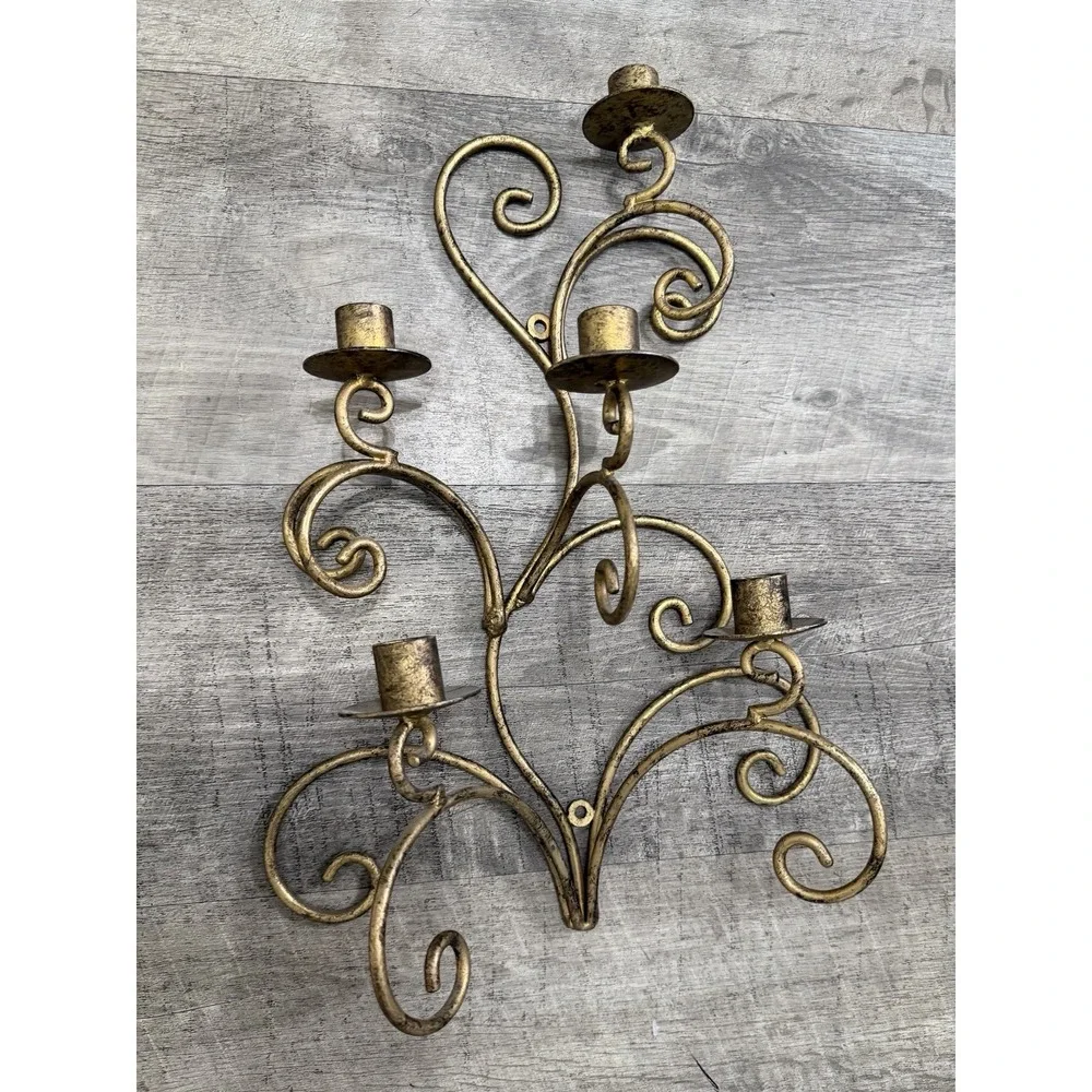 Vtg MCM Wall Candle Sconce Hollywood Regency Gold Tone Metal Scrolls Leaves (2)